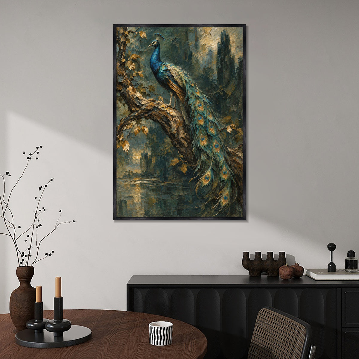 INVIN ART Framed Canvas 100% Handpainted Oil Painting Peacock on a Woodland Branch Wall Art