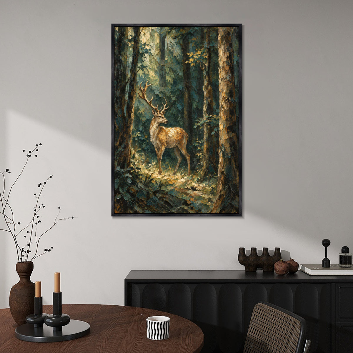 INVIN ART Framed Canvas 100% Handpainted Oil Painting Stag in the Forest Light Wall Art