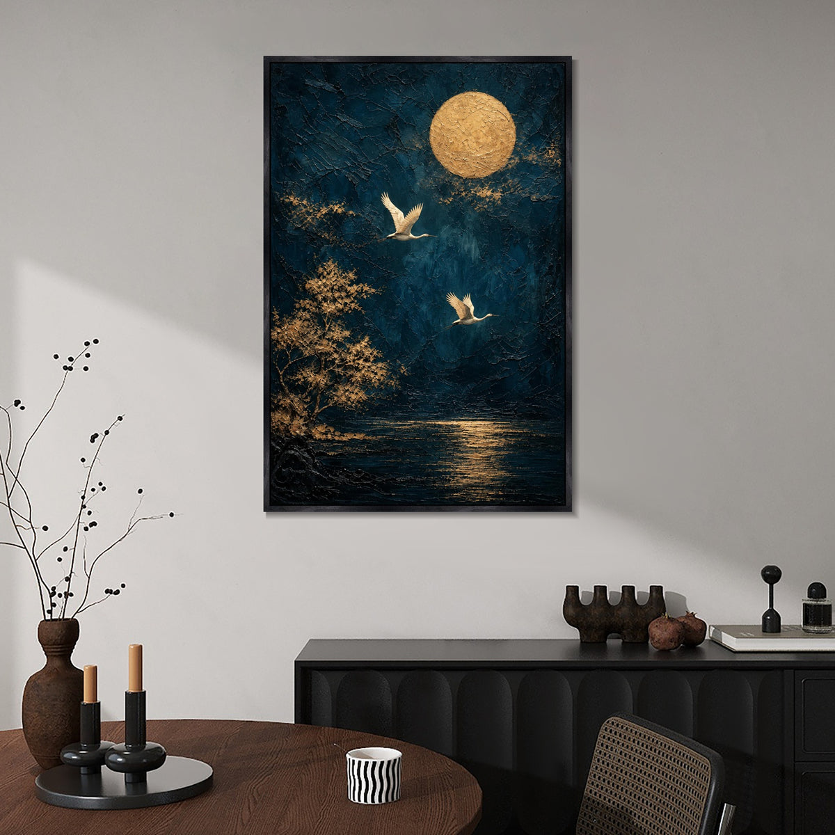 INVIN ART Framed Canvas 100% Handpainted Oil Painting Two Birds Beneath a Golden Moon Wall Art