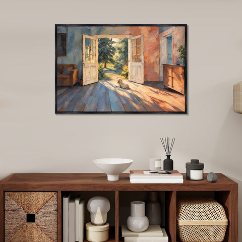 INVIN ART Framed Canvas 100% Handpainted Oil Painting Little Dog in the Doorway Light Wall Art