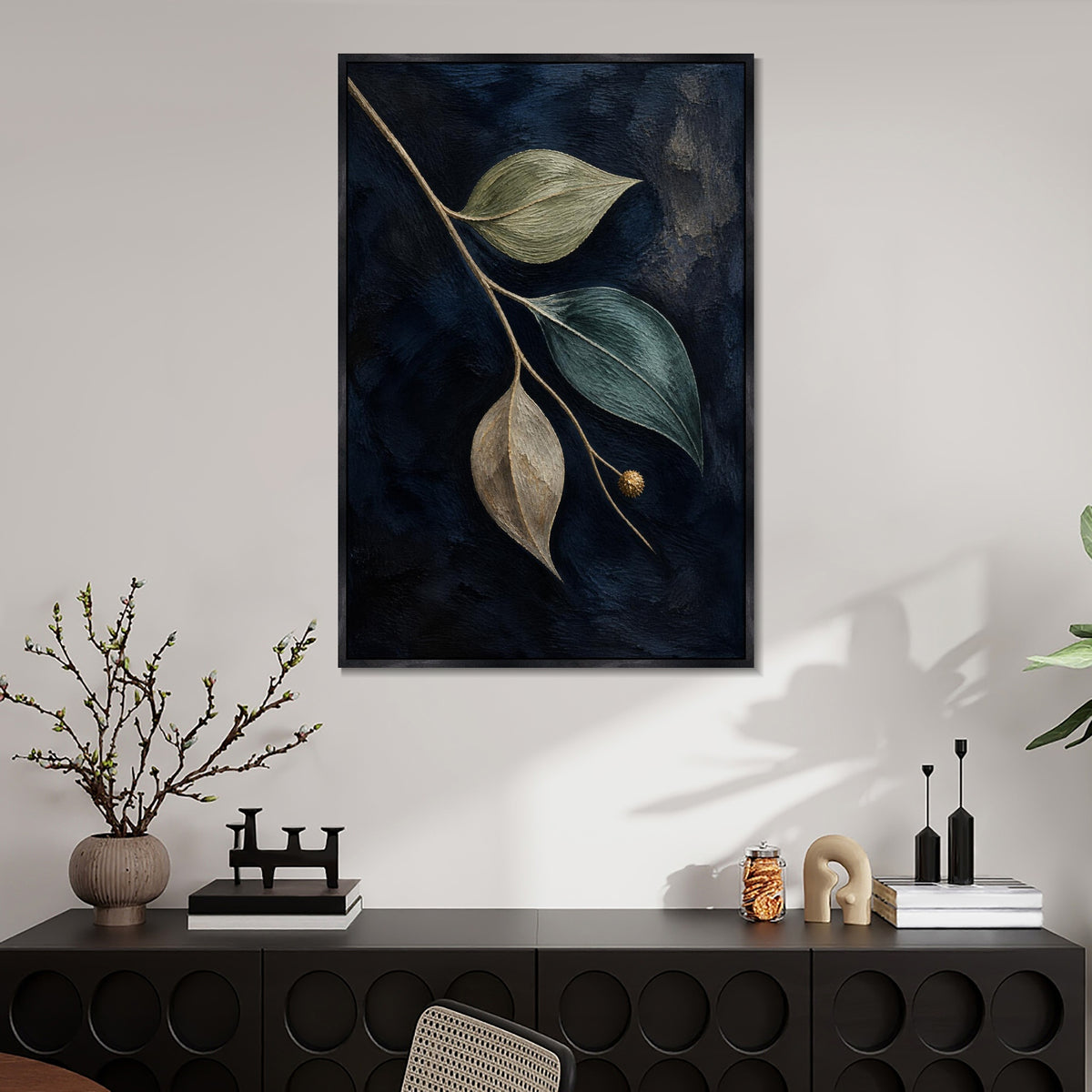INVIN ART Framed Canvas 100% Handpainted Oil Painting Leaves Against Midnight Blue Wall Art
