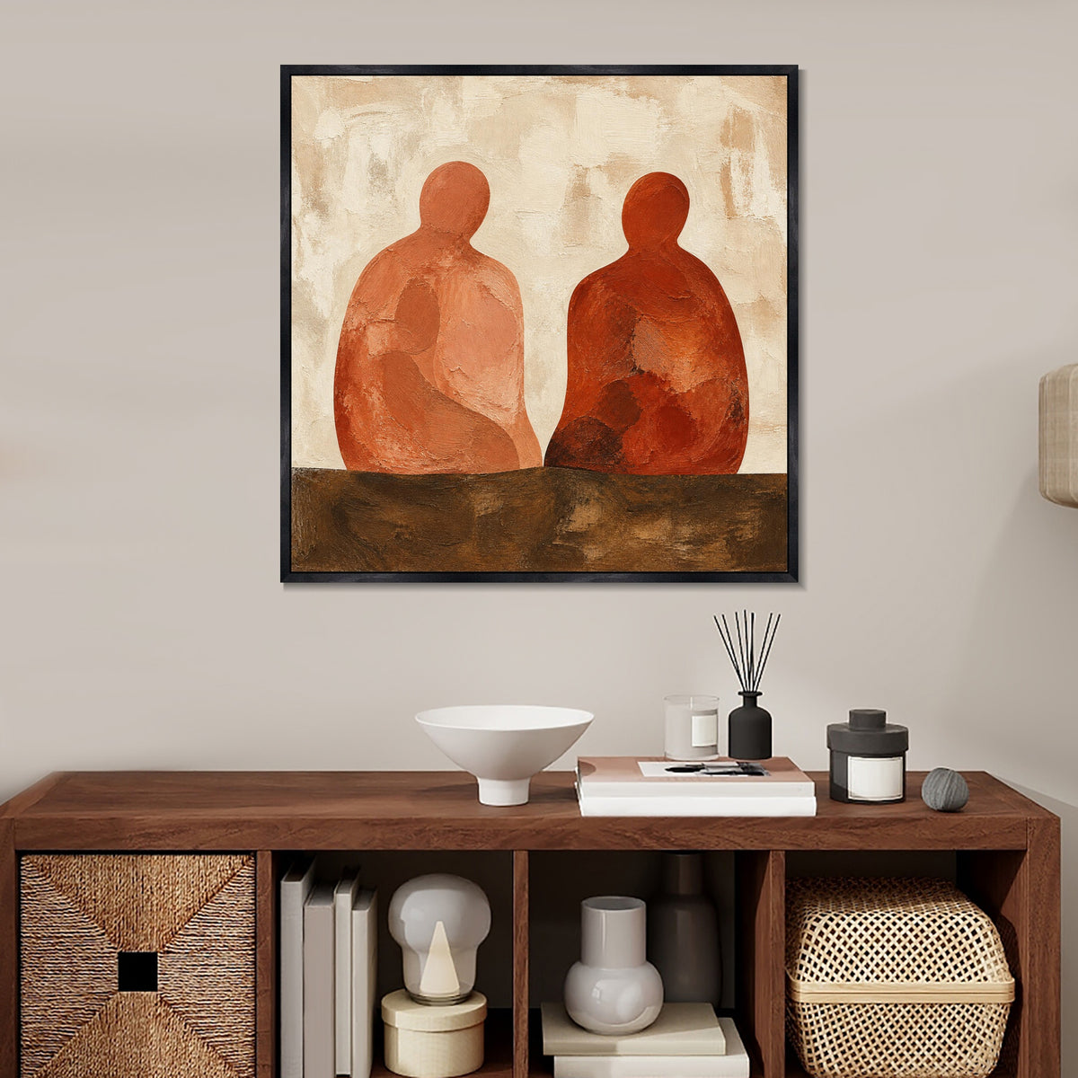 INVIN ART Framed Canvas 100% Handpainted Oil Painting Companions in Terracotta Wall Art