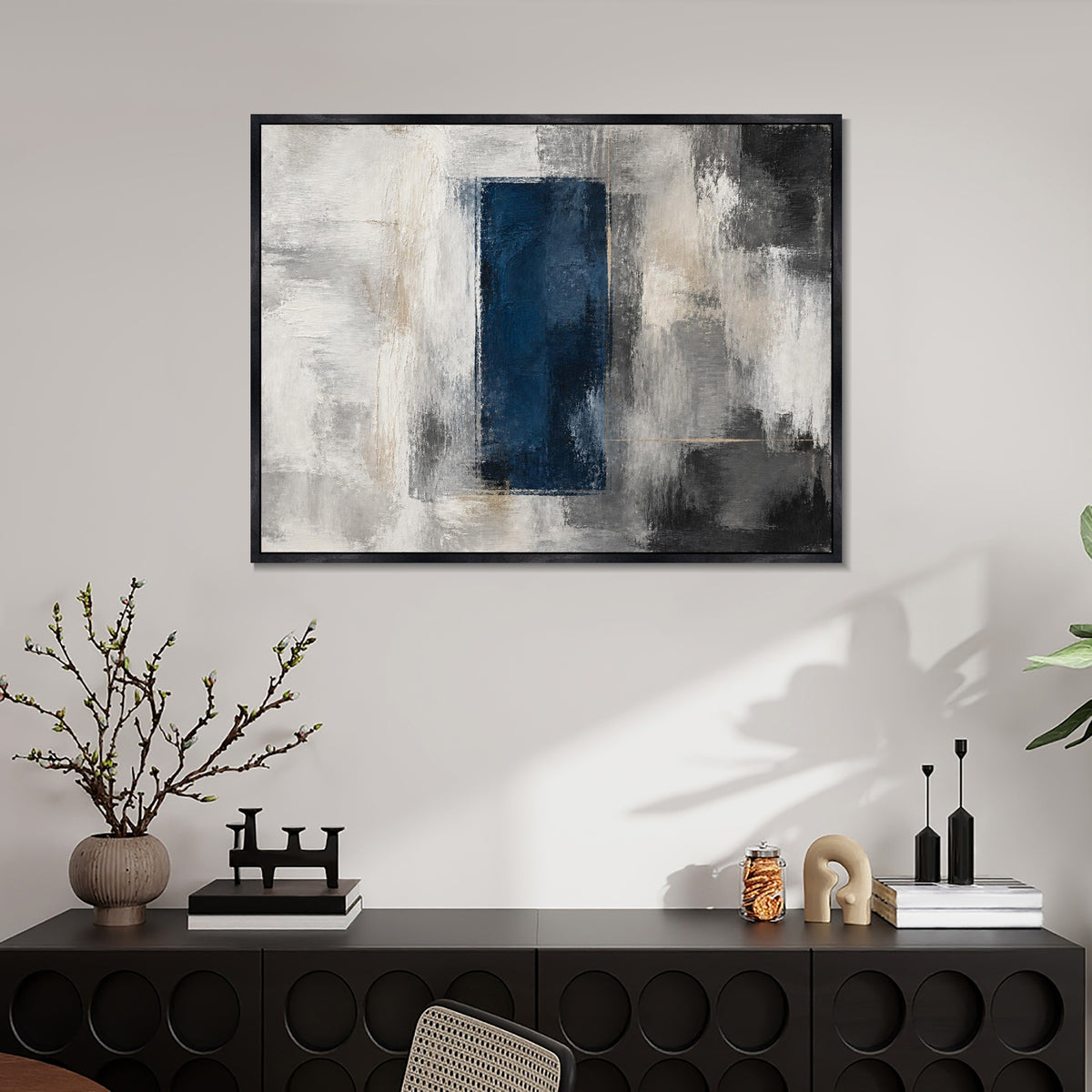 INVIN ART Framed Canvas 100% Handpainted Oil Painting Deep Blue Panel Wall Art