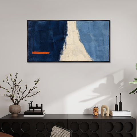 INVIN ART Framed Canvas 100% Handpainted Oil Painting Orange Line Across Blue Wall Art