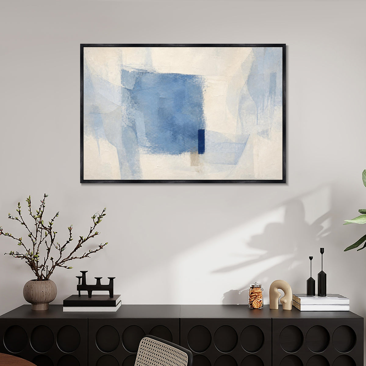 INVIN ART Framed Canvas 100% Handpainted Oil Painting Pale Blue Overlap Wall Art