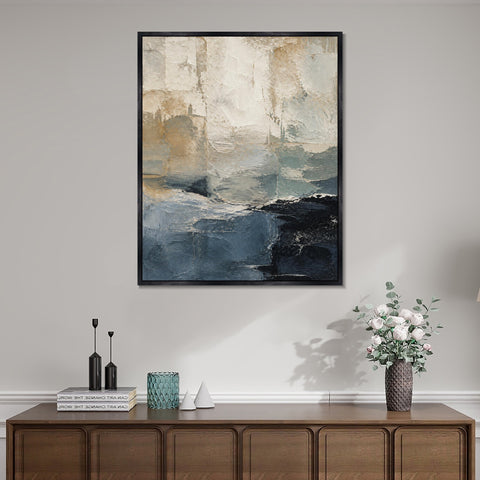 INVIN ART Framed Canvas 100% Handpainted Oil Painting Blue Gray Layered Shore Wall Art