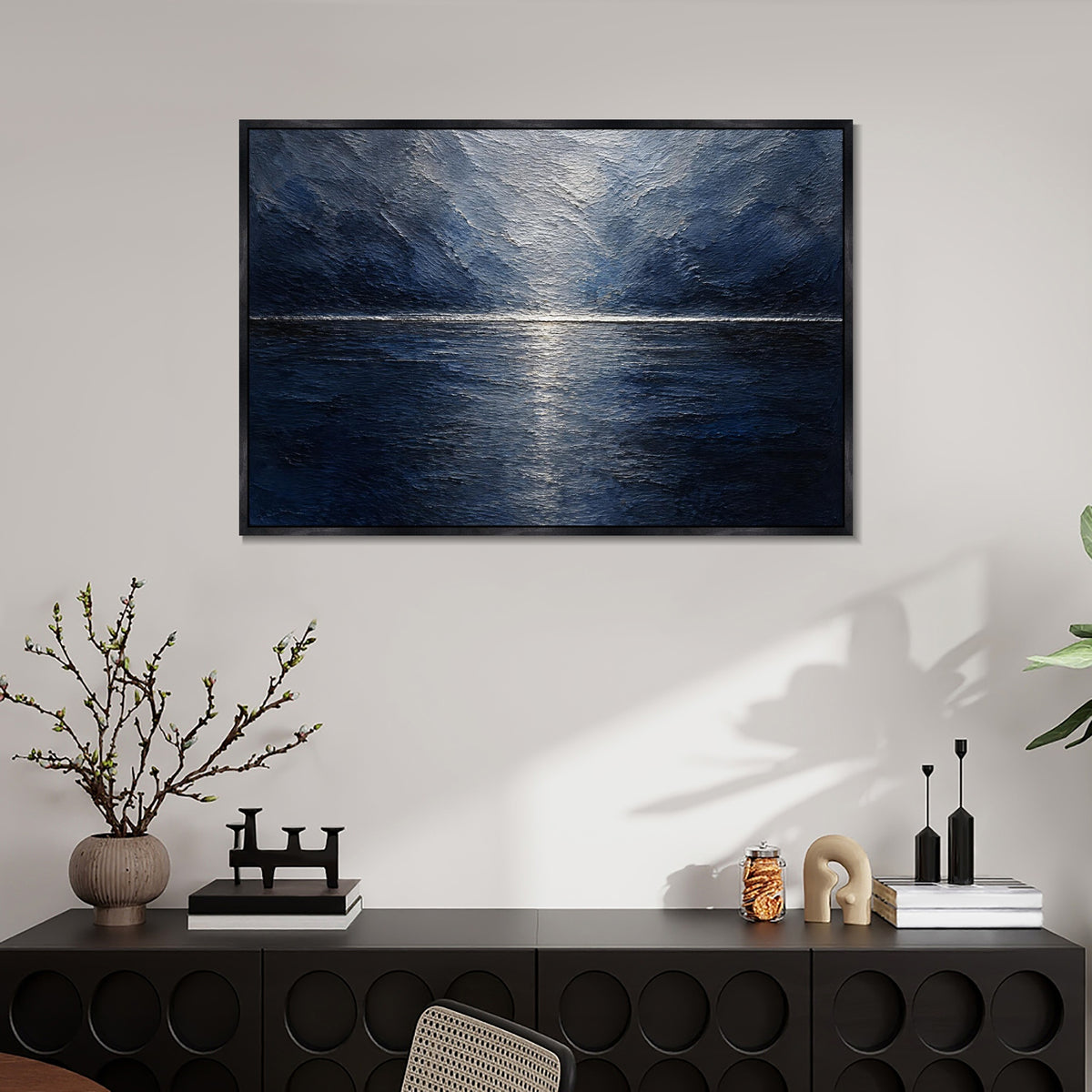 INVIN ART Framed Canvas 100% Handpainted Oil Painting Deep Blue Moonlit Lake Wall Art