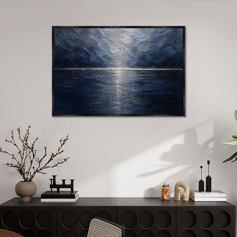 INVIN ART Framed Canvas 100% Handpainted Oil Painting Deep Blue Moonlit Lake Wall Art