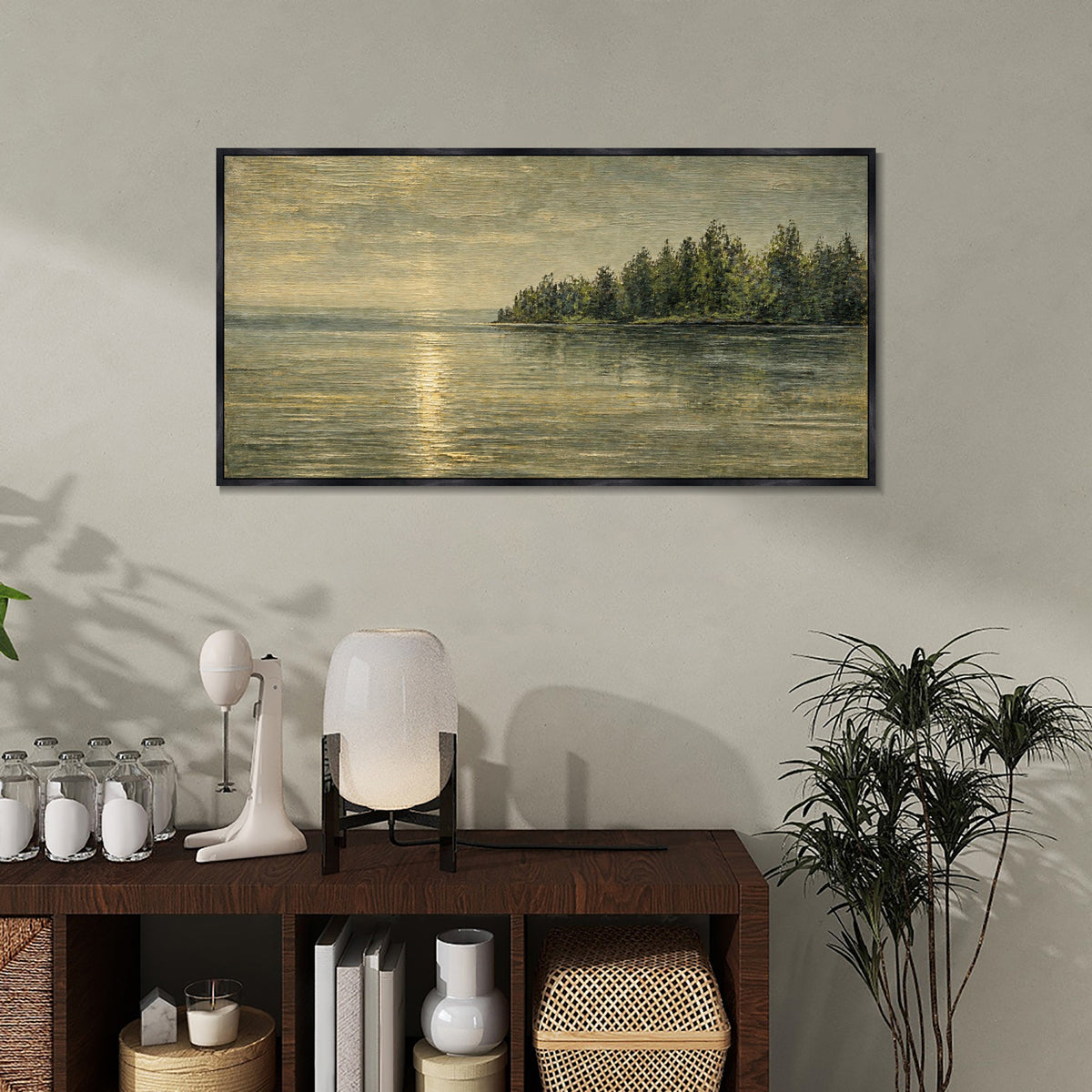 INVIN ART Framed Canvas 100% Handpainted Oil Painting Golden Light by the Forest Shore Wall Art