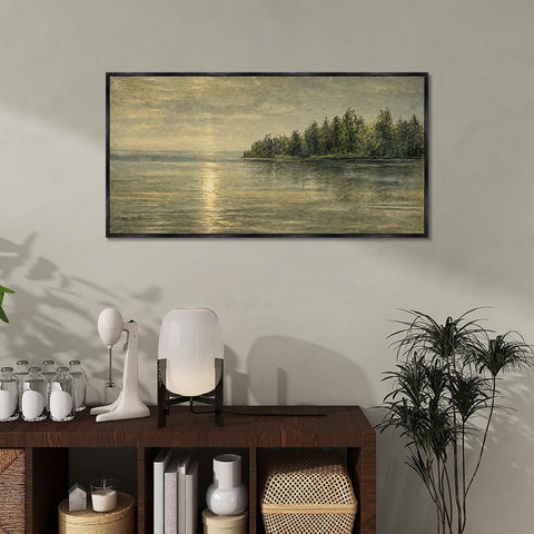 INVIN ART Framed Canvas 100% Handpainted Oil Painting Golden Light by the Forest Shore Wall Art