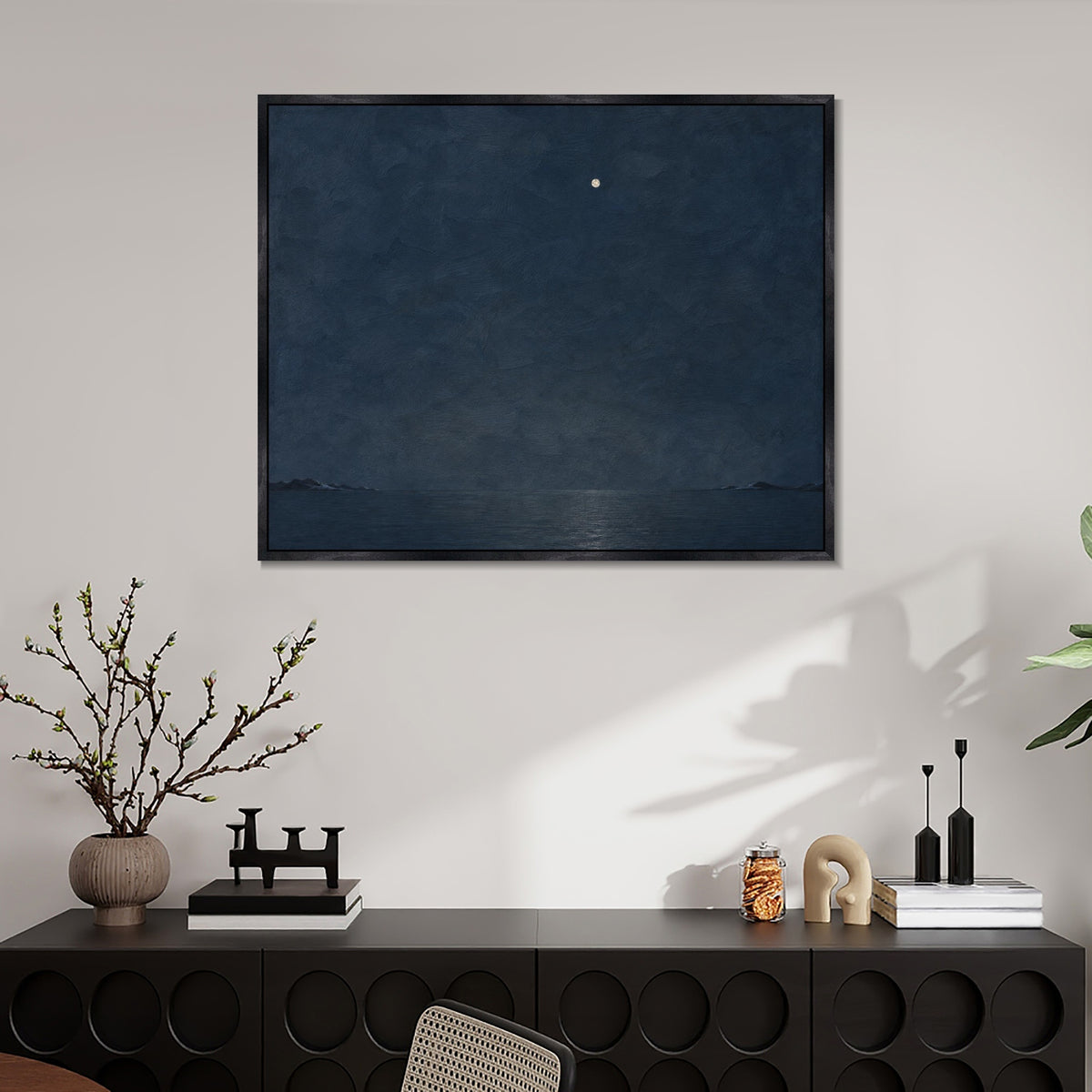INVIN ART Framed Canvas 100% Handpainted Oil Painting One Light Above the Night Sea Wall Art