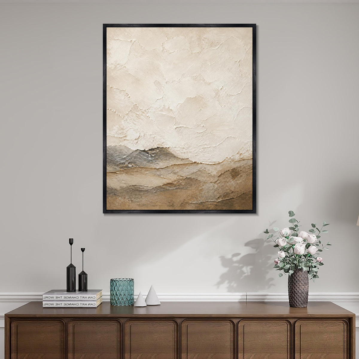 INVIN ART Framed Canvas 100% Handpainted Oil Painting White Clouds Above Low Hills Wall Art