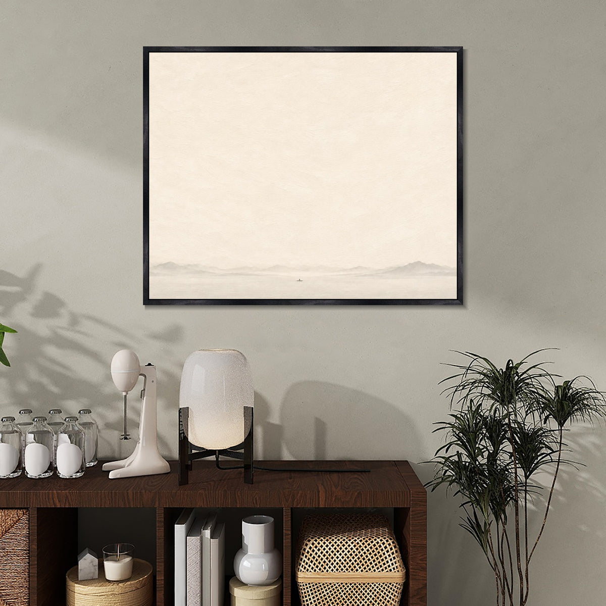 INVIN ART Framed Canvas 100% Handpainted Oil Painting A Boat and Distant Hills Wall Art
