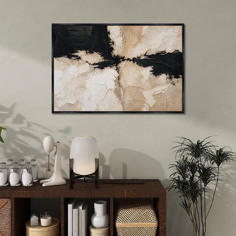 INVIN ART Framed Canvas 100% Handpainted Oil Painting Black and White Divide Wall Art