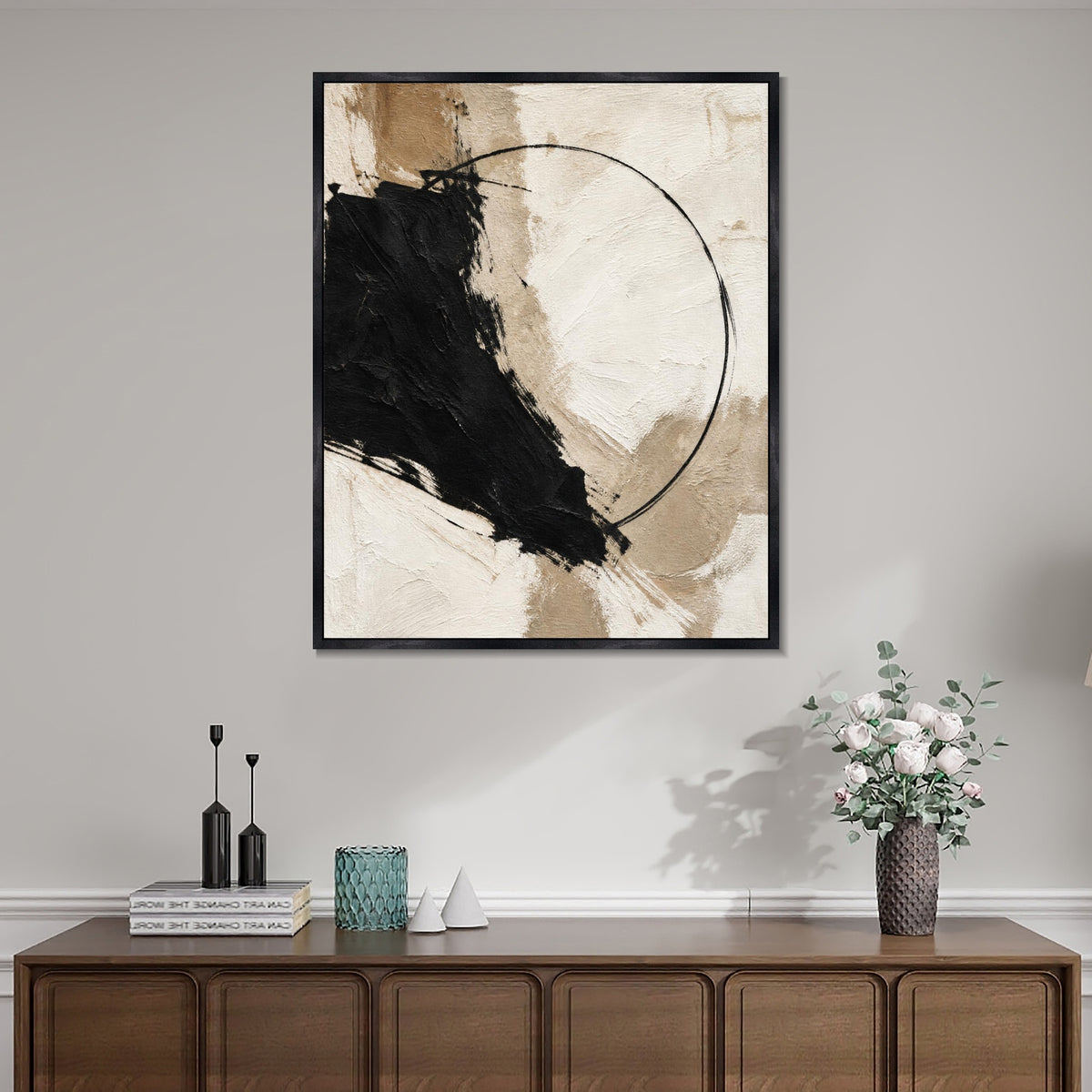 INVIN ART Framed Canvas 100% Handpainted Oil Painting Black Form and a Fine Circle Wall Art