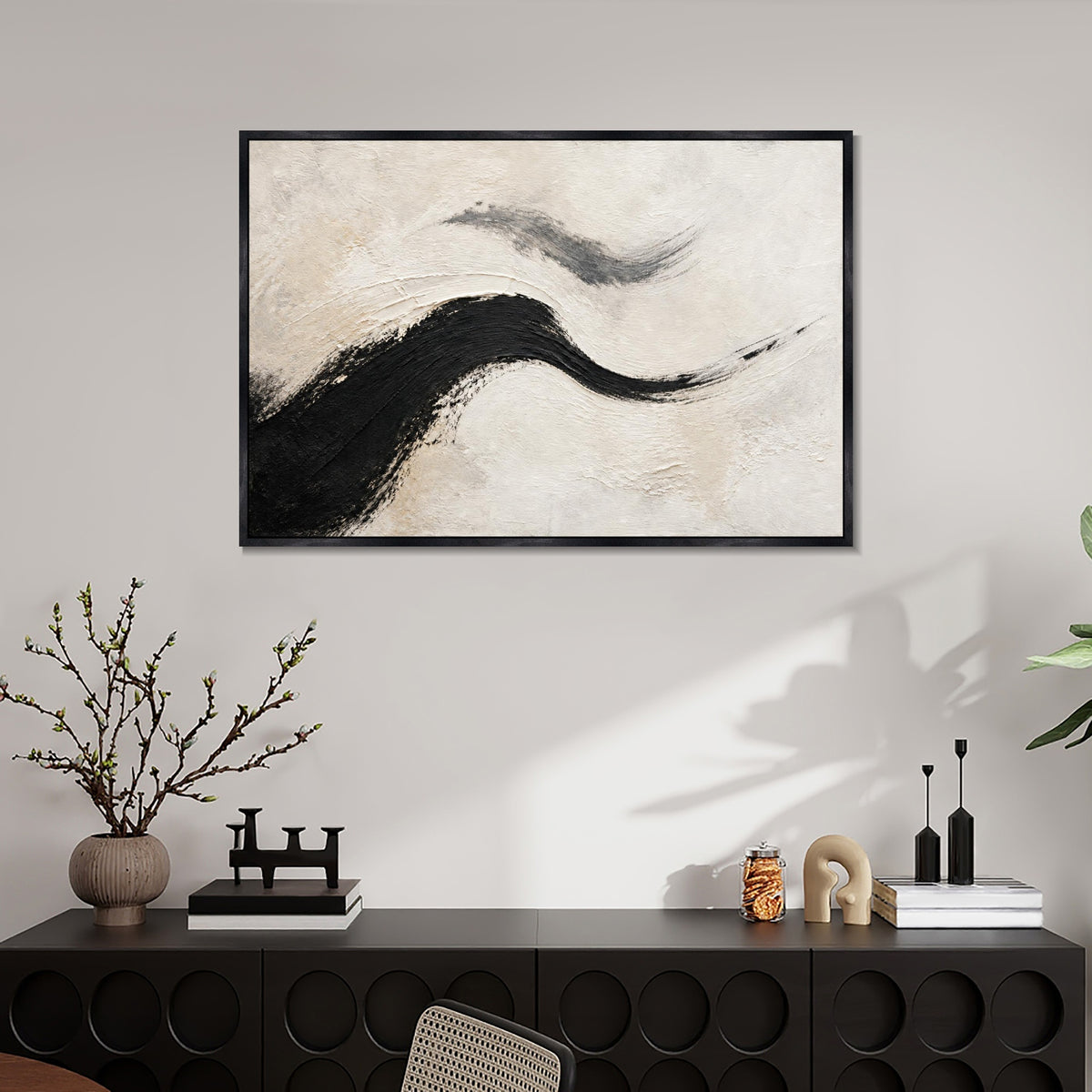 INVIN ART Framed Canvas 100% Handpainted Oil Painting Two Flowing Strokes Wall Art
