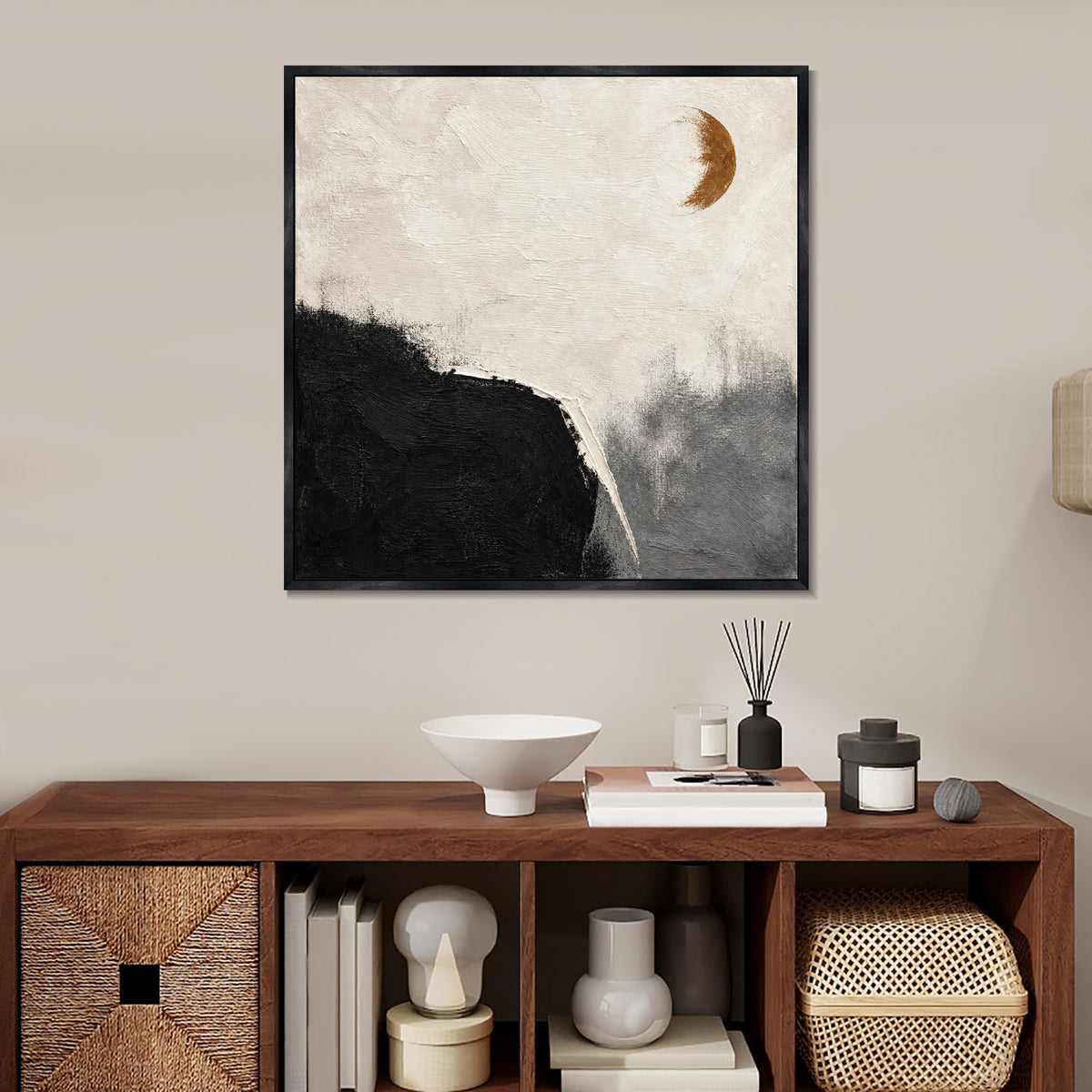INVIN ART Framed Canvas 100% Handpainted Oil Painting Ochre Moon and Dark Shore Wall Art