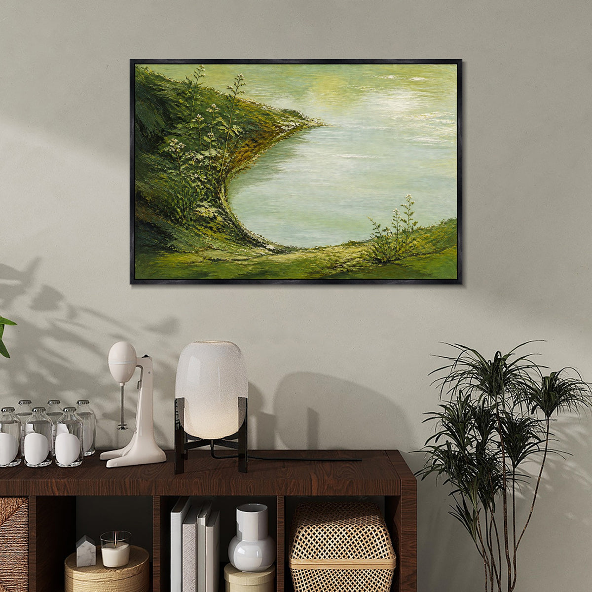 INVIN ART Framed Canvas 100% Handpainted Oil Painting Green Shore and Lake Cove Wall Art