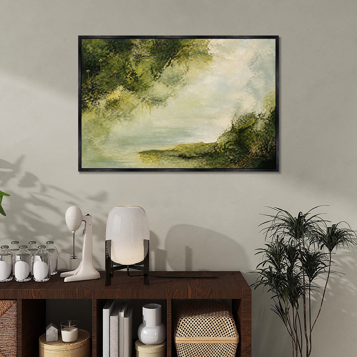 INVIN ART Framed Canvas 100% Handpainted Oil Painting Water Beneath the Woodland Canopy Wall Art