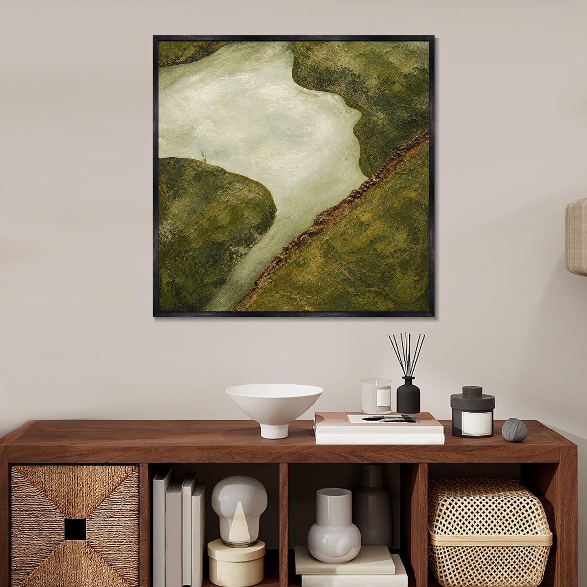 INVIN ART Framed Canvas 100% Handpainted Oil Painting Winding Water from Above Wall Art