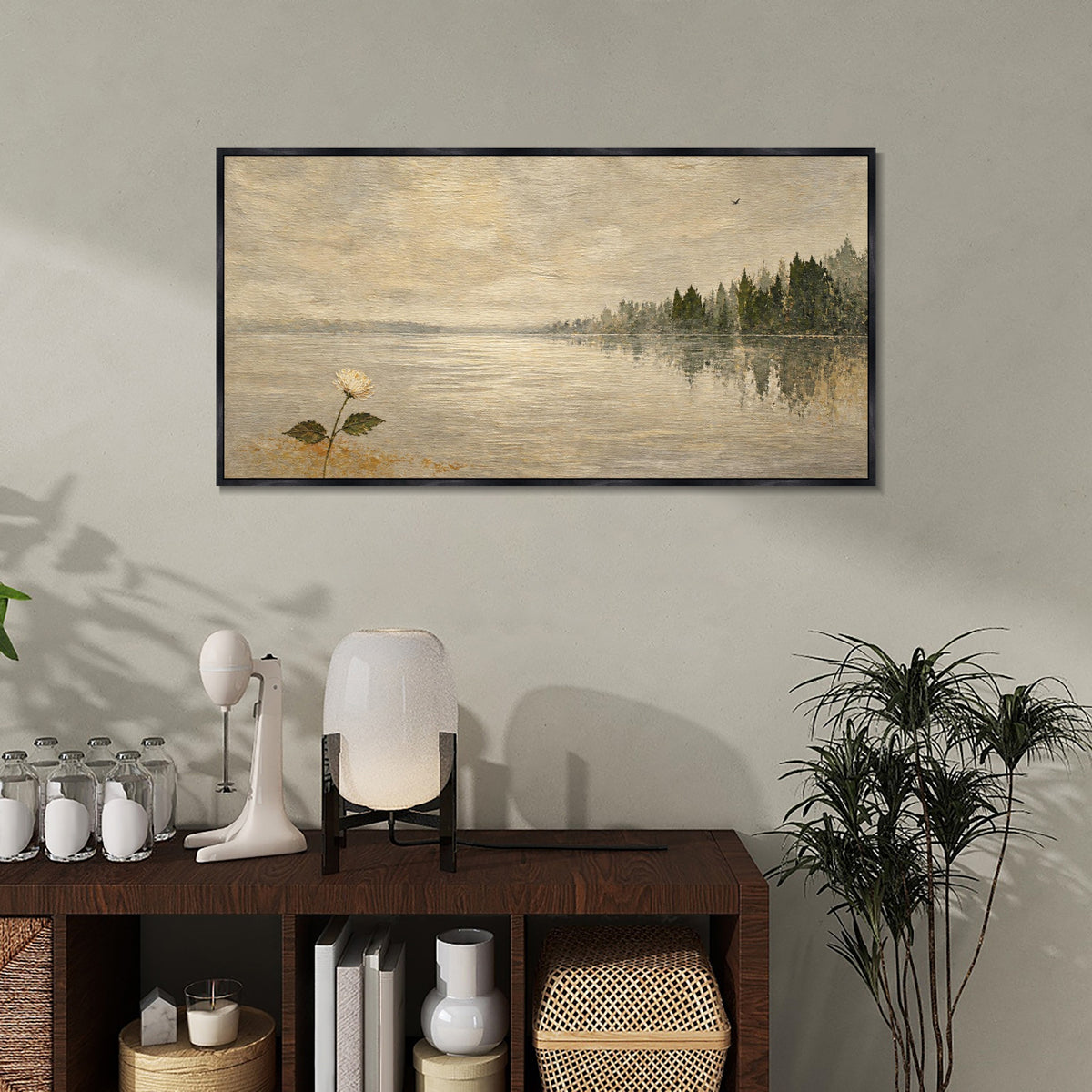 INVIN ART Framed Canvas 100% Handpainted Oil Painting One Flower by the Lake Wall Art