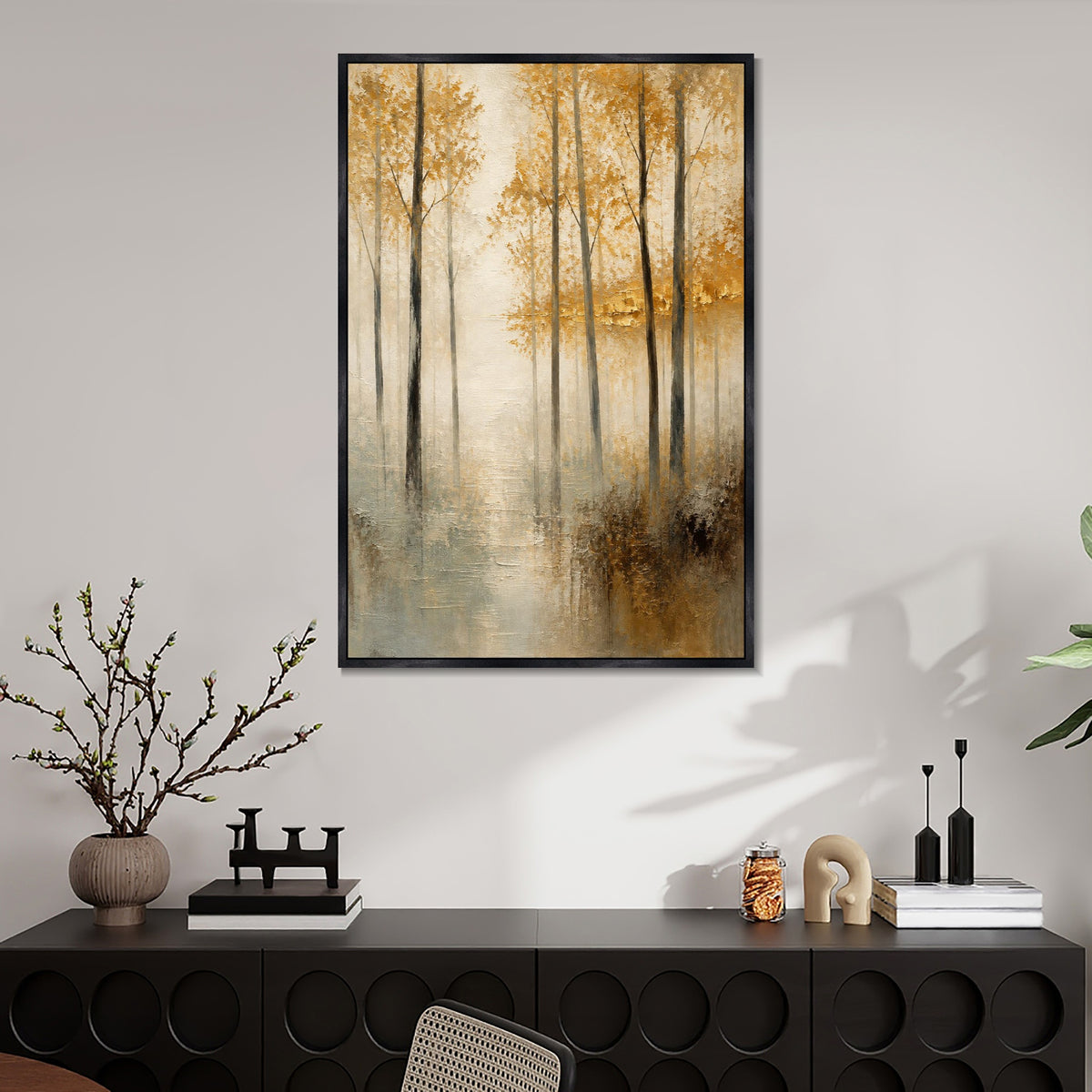 INVIN ART Framed Canvas 100% Handpainted Oil Painting Golden Leaves in Mist Wall Art