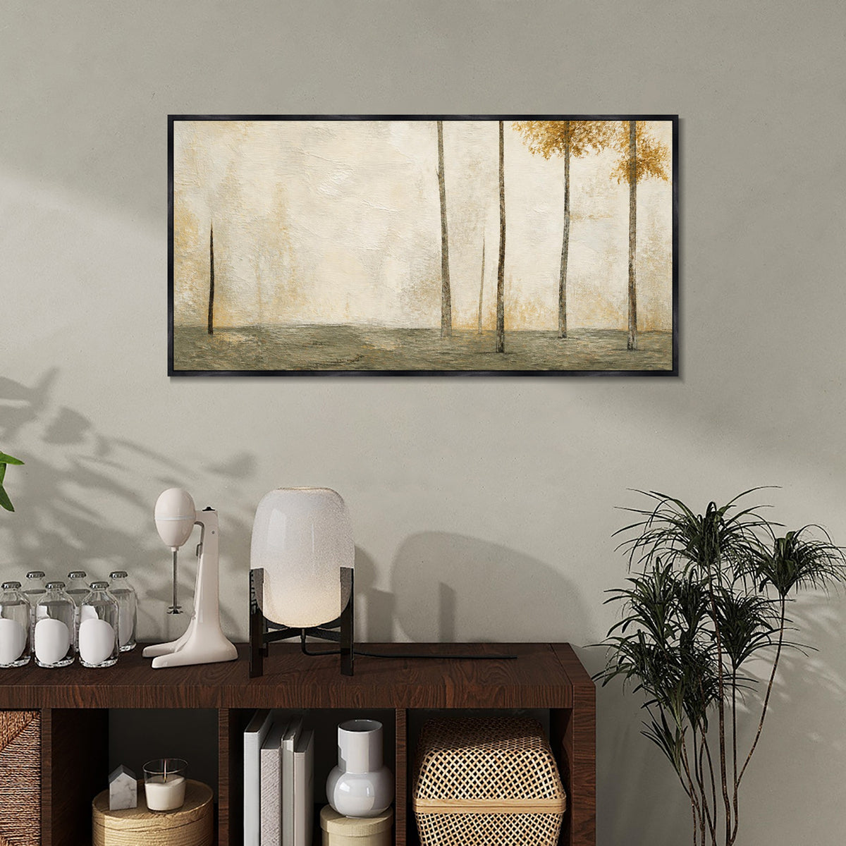 INVIN ART Framed Canvas 100% Handpainted Oil Painting Sparse Trees in Pale Gold Wall Art