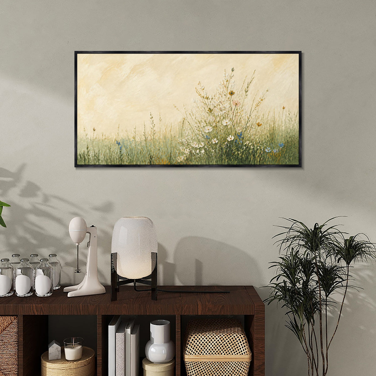 INVIN ART Framed Canvas 100% Handpainted Oil Painting Wildflowers in Warm Light Wall Art