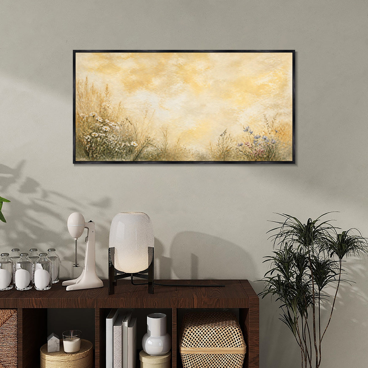 INVIN ART Framed Canvas 100% Handpainted Oil Painting Flowers Beneath Golden Clouds Wall Art