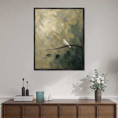 INVIN ART Framed Canvas 100% Handpainted Oil Painting White Bird on a Branch Wall Art