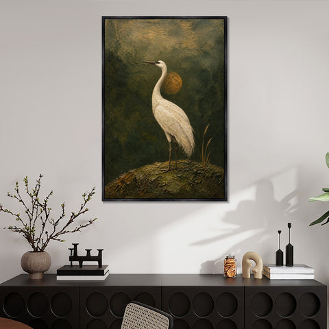 INVIN ART Framed Canvas 100% Handpainted Oil Painting Crane at Dusk Minimal Bird Landscape Wall Art