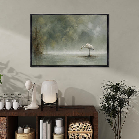 INVIN ART Framed Canvas 100% Handpainted Oil Painting Heron in Mist Minimal Bird Landscape Wall Art