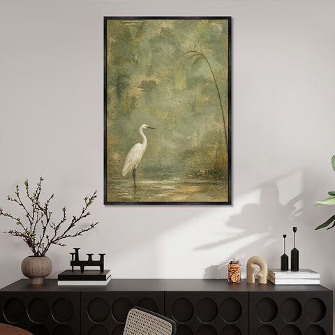 INVIN ART Framed Canvas 100% Handpainted Oil Painting White Heron Beneath a Reed Wall Art