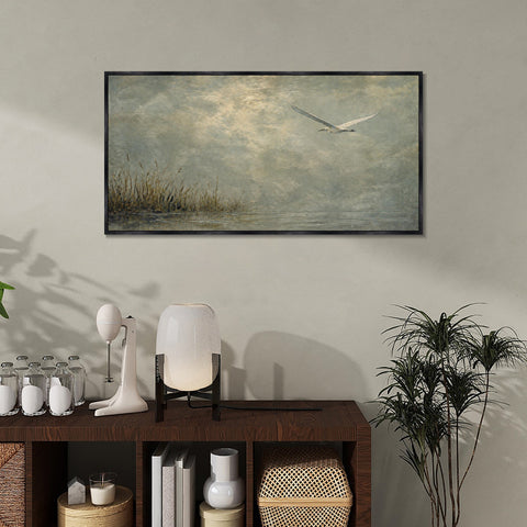 INVIN ART Framed Canvas 100% Handpainted Oil Painting Bird Above the Reed Shore Wall Art