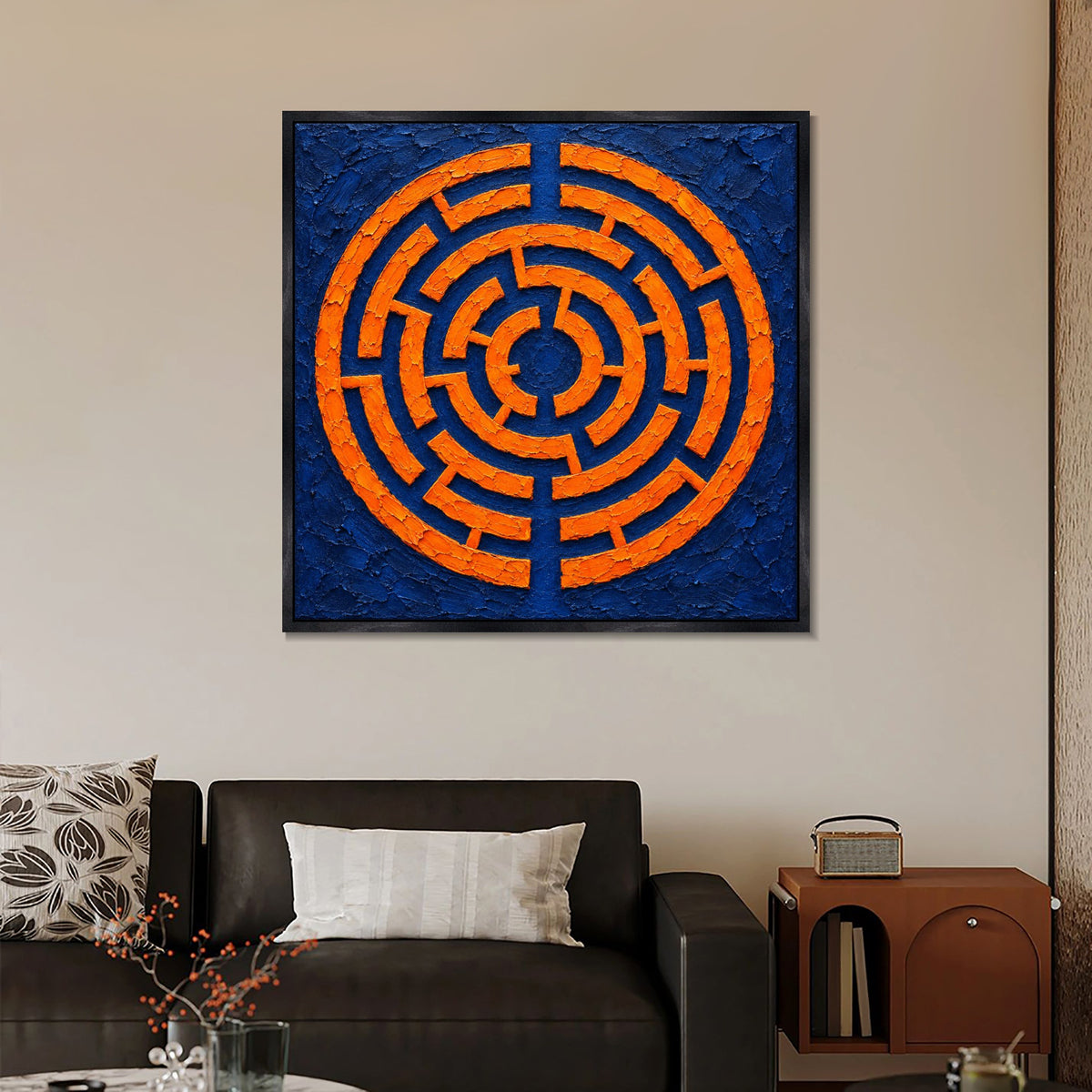 INVIN ART Framed Canvas 100% Handpainted Oil Painting Orange Maze on Indigo Wall Art