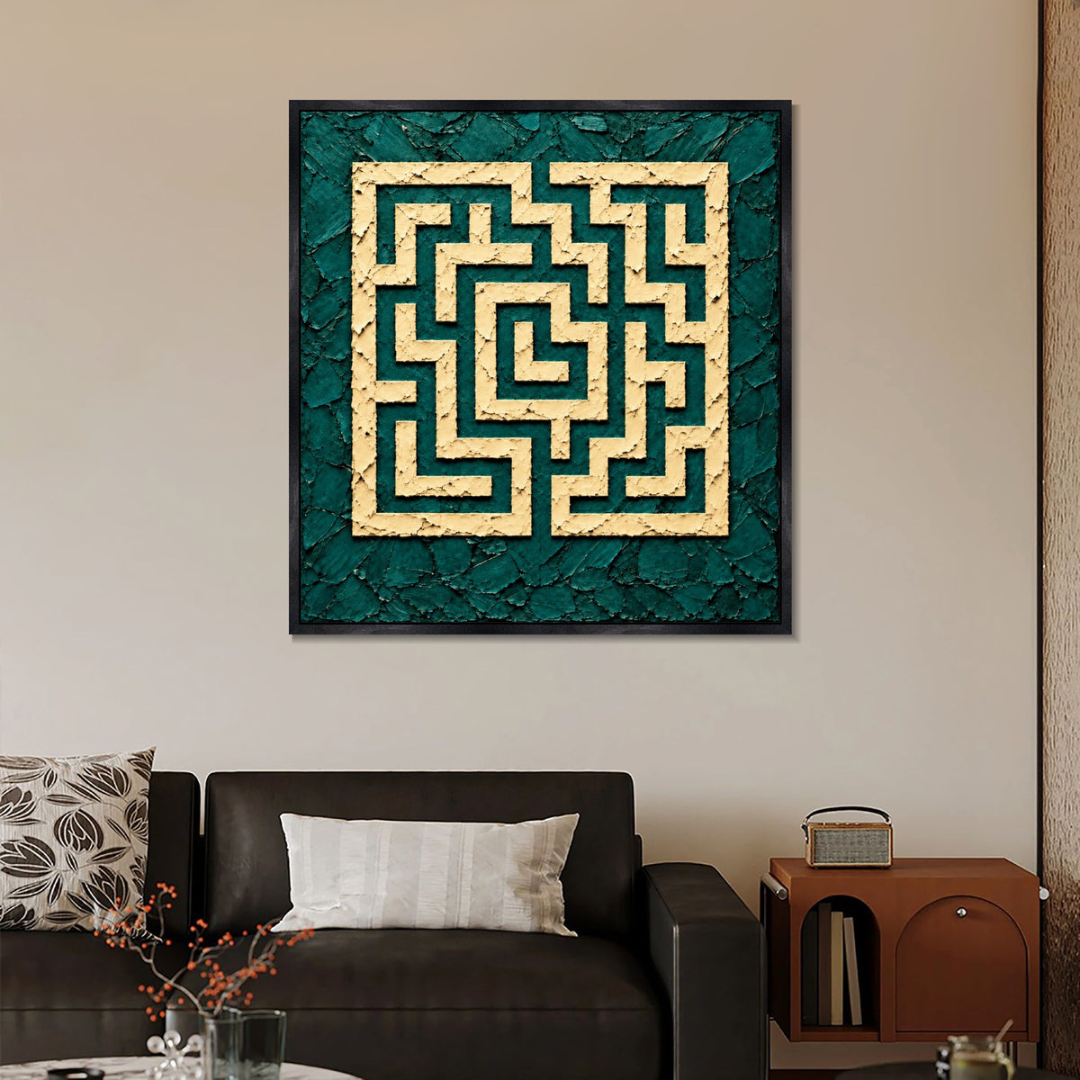 INVIN ART Framed Canvas 100% Handpainted Oil Painting Ivory Maze on Teal Wall Art