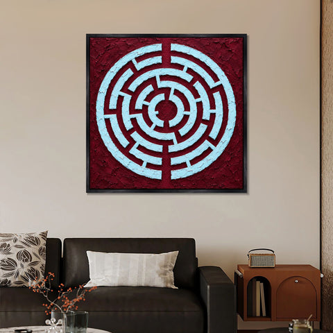 INVIN ART Framed Canvas 100% Handpainted Oil Painting Ice Blue Maze on Burgundy Wall Art