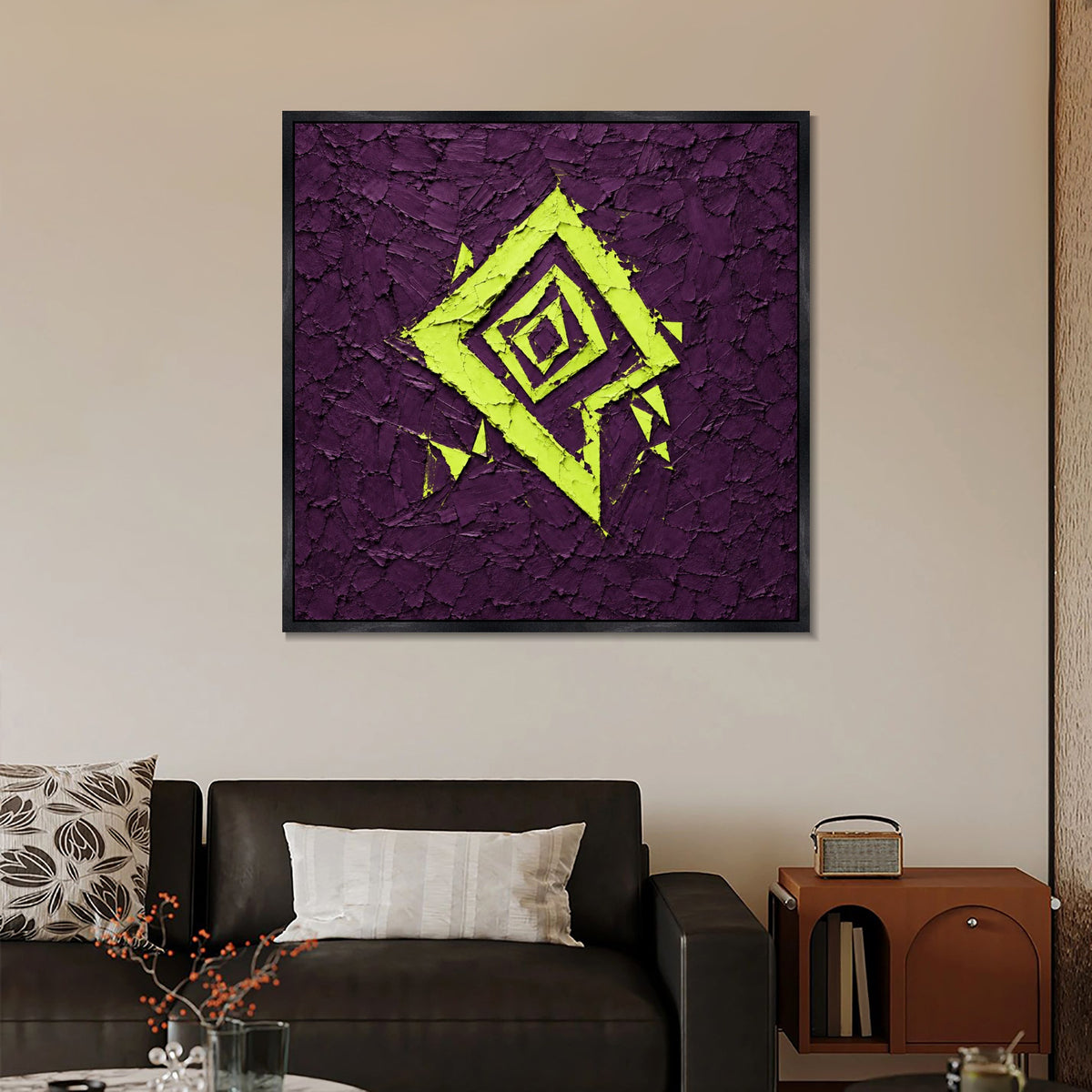 INVIN ART Framed Canvas 100% Handpainted Oil Painting Lime Diamond on Purple Wall Art