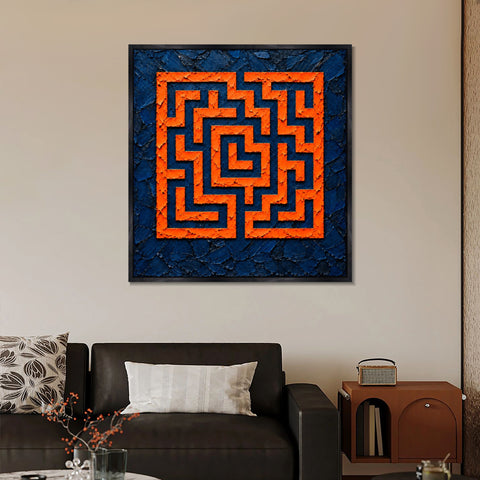 INVIN ART Framed Canvas 100% Handpainted Oil Painting Orange Square Maze Wall Art