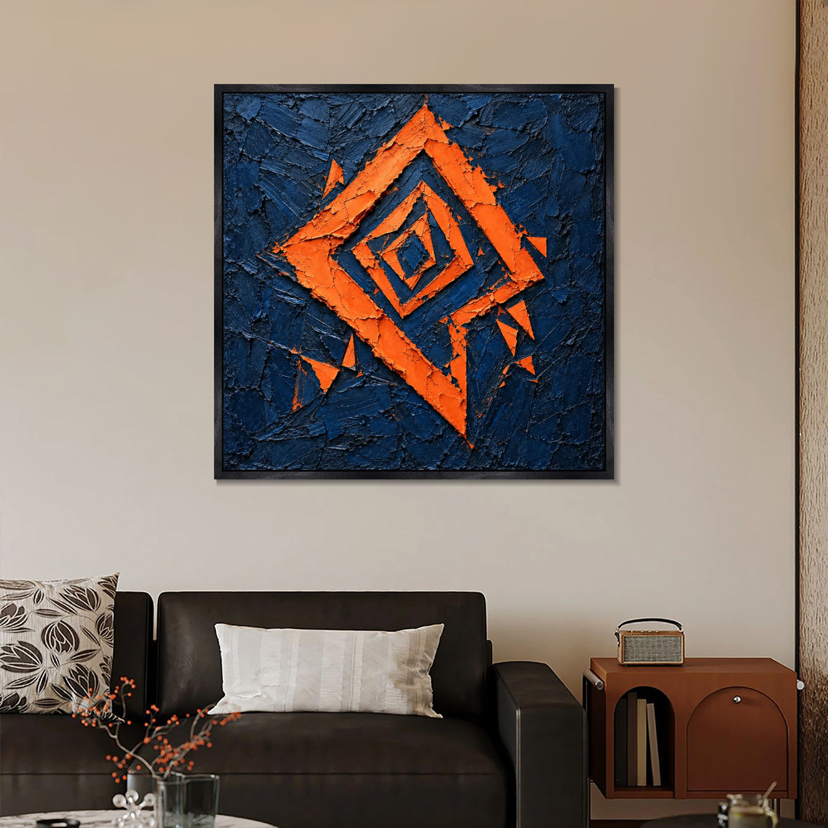INVIN ART Framed Canvas 100% Handpainted Oil Painting Orange Diamond Fragments Wall Art