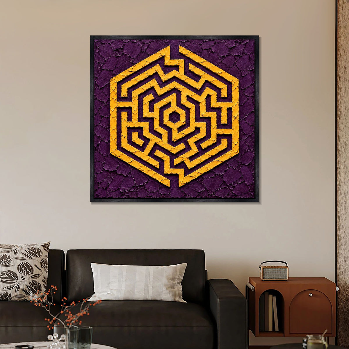 INVIN ART Framed Canvas 100% Handpainted Oil Painting Golden Hexagon Maze Wall Art