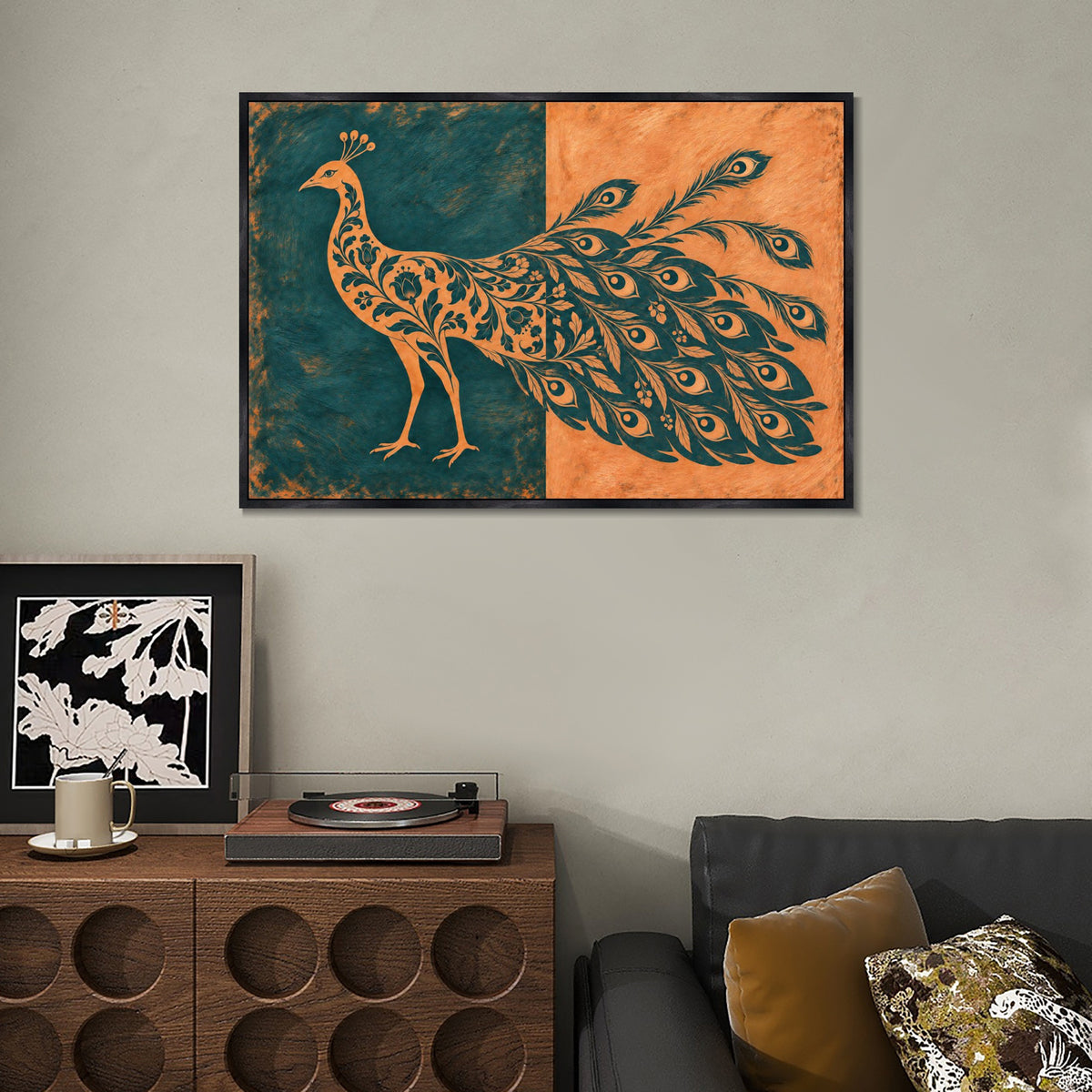 INVIN ART Framed Canvas 100% Handpainted Oil Painting Teal and Peach Peacock Wall Art
