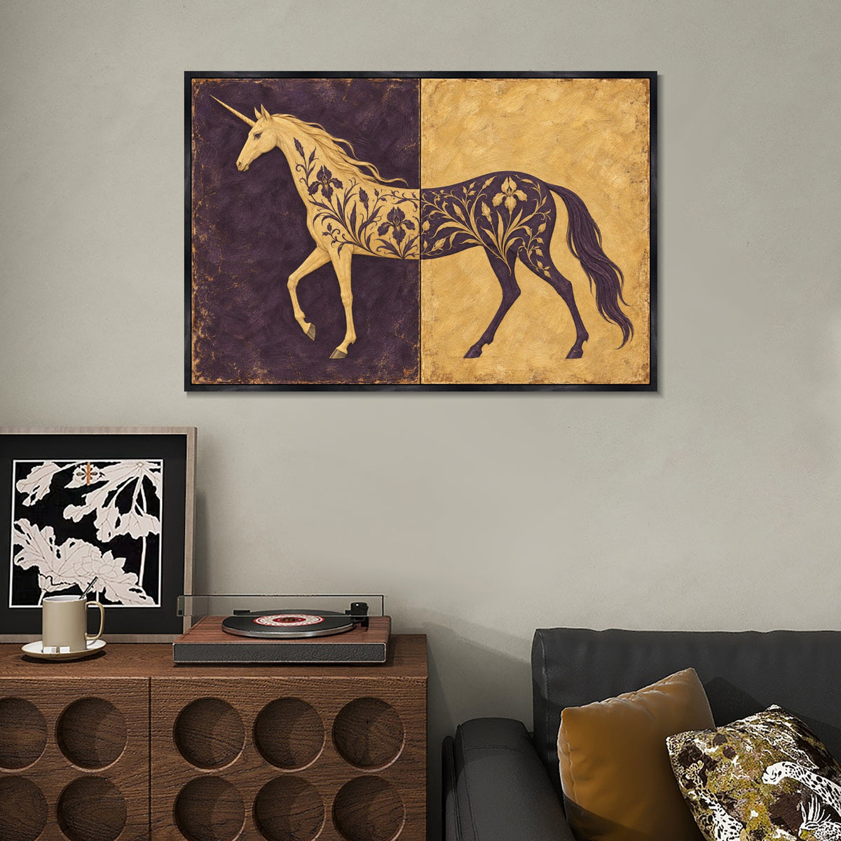 INVIN ART Framed Canvas 100% Handpainted Oil Painting Unicorn in Plum and Gold Wall Art