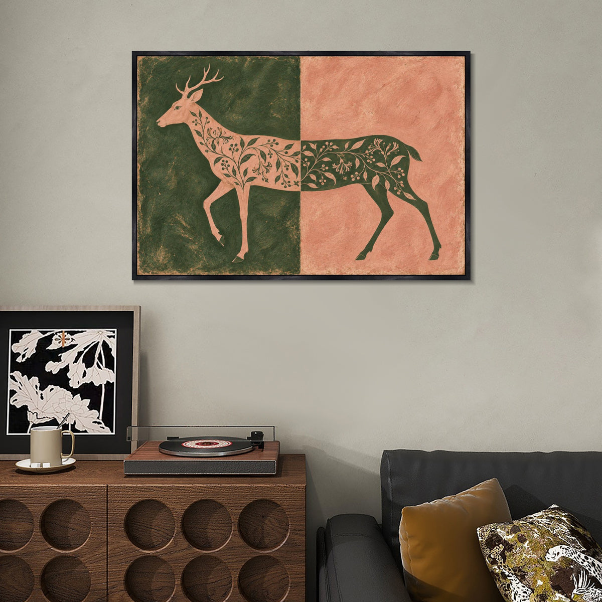 INVIN ART Framed Canvas 100% Handpainted Oil Painting Deer in Moss and Coral Wall Art