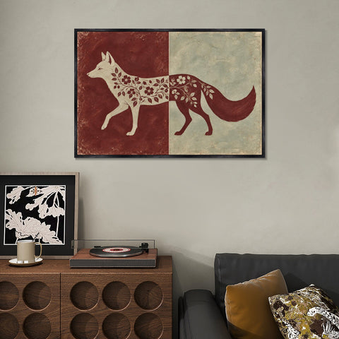 INVIN ART Framed Canvas 100% Handpainted Oil Painting Fox in Burgundy and Celadon Wall Art