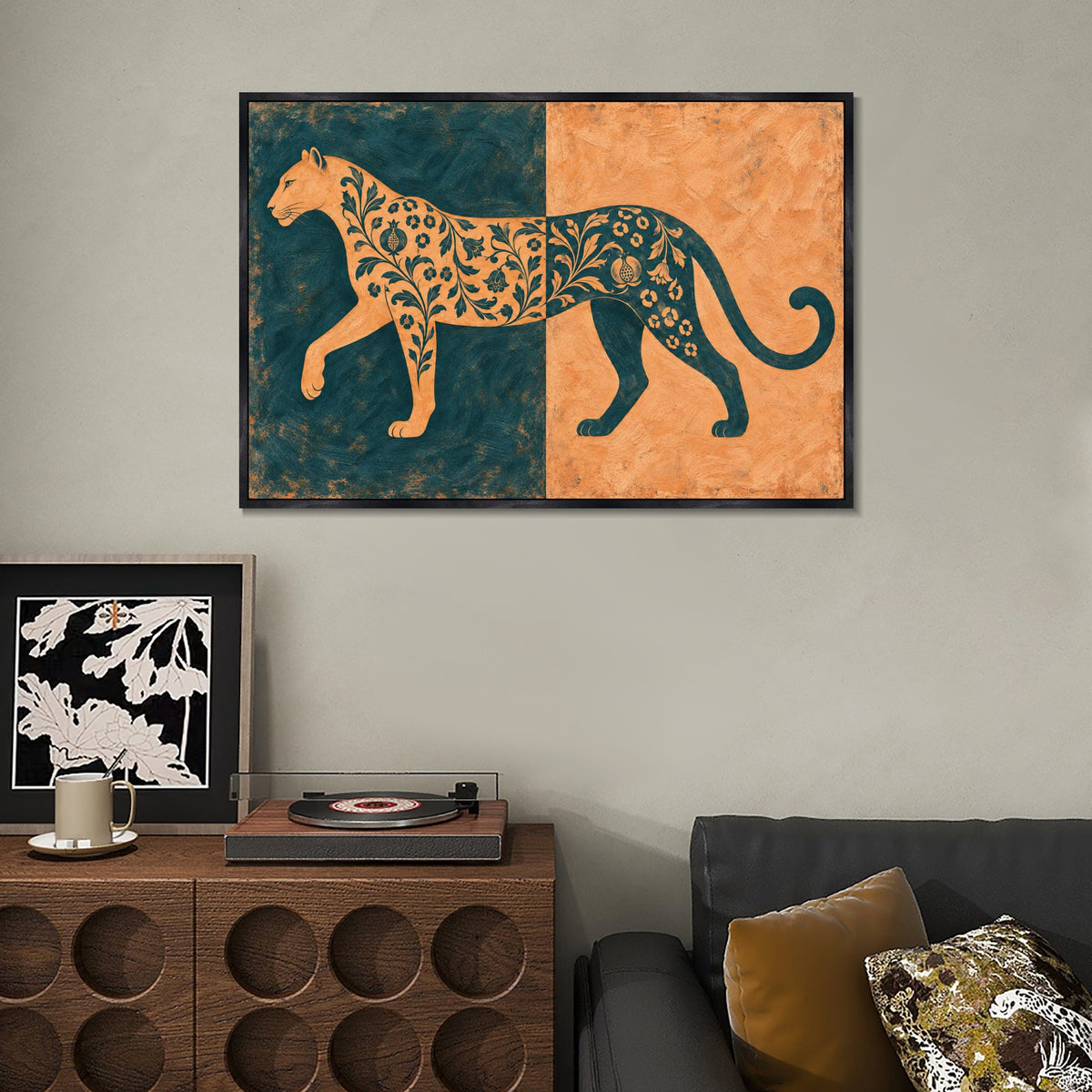 INVIN ART Framed Canvas 100% Handpainted Oil Painting Leopard in Teal and Peach Wall Art