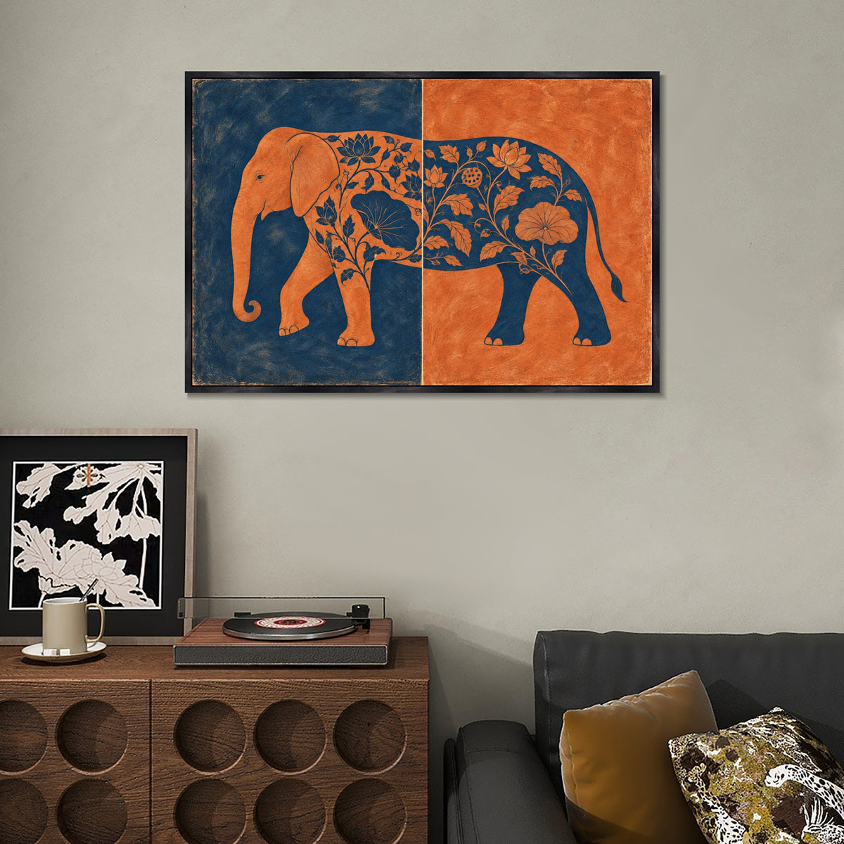 INVIN ART Framed Canvas 100% Handpainted Oil Painting Elephant in Indigo and Coral Wall Art