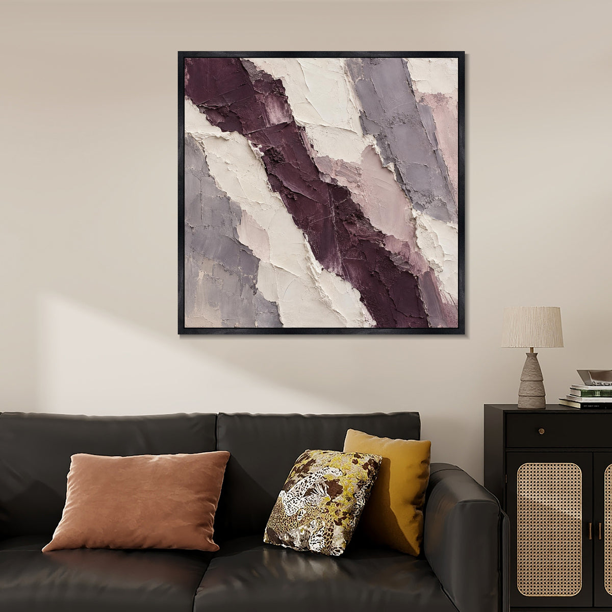 INVIN ART Framed Canvas 100% Handpainted Oil Painting Plum-Colored Strata Wall Art