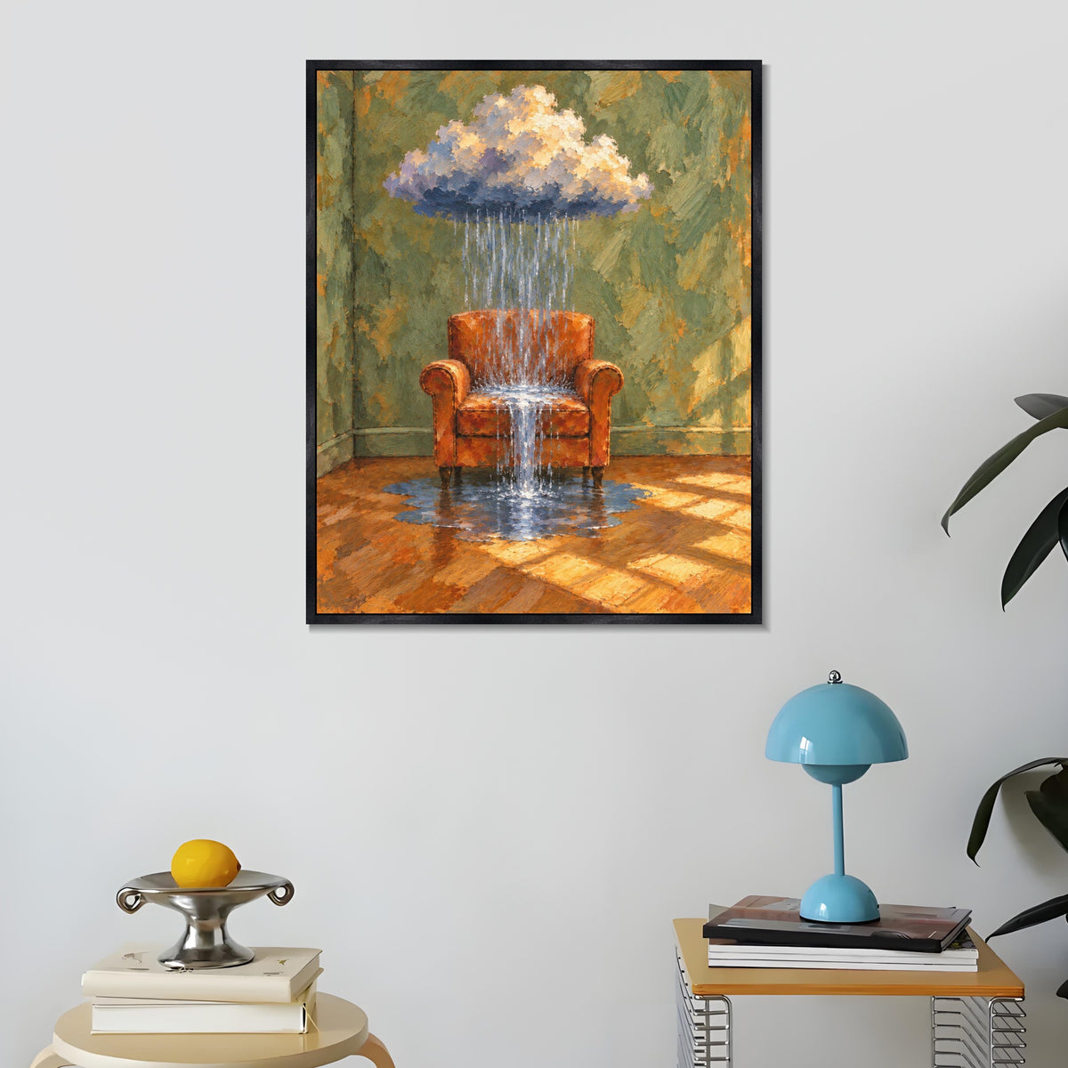 INVIN ART Framed Canvas 100% Handpainted Oil Painting Armchair Beneath a Rain Cloud Wall Art