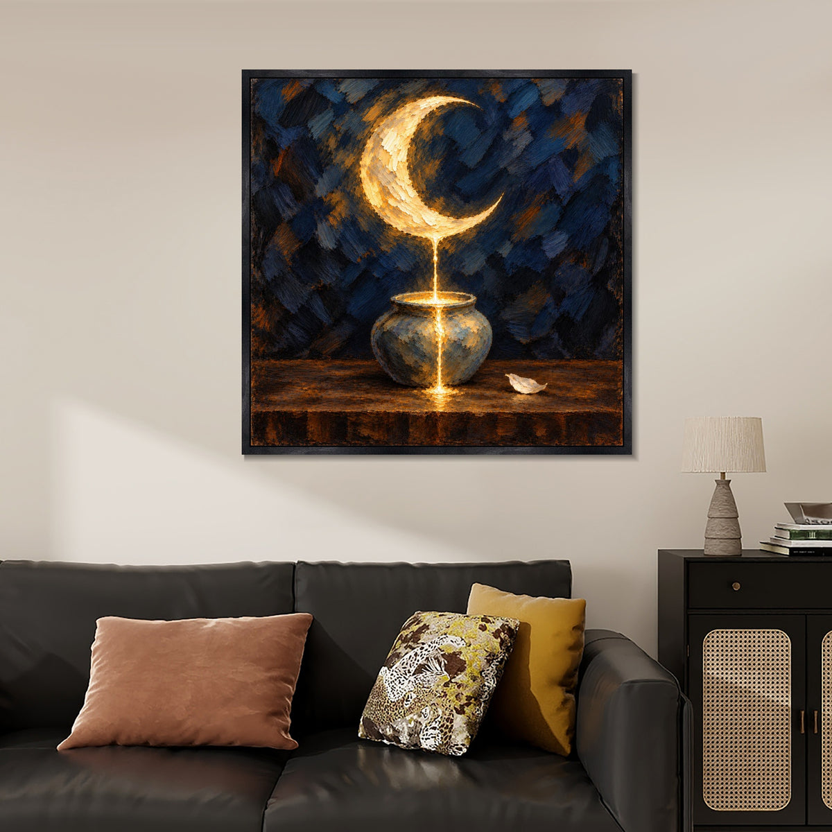 INVIN ART Framed Canvas 100% Handpainted Oil Painting Moonlight into the Vessel Wall Art